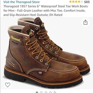 Thorogood 1957 series 6” waterproof, steel toe work boot.